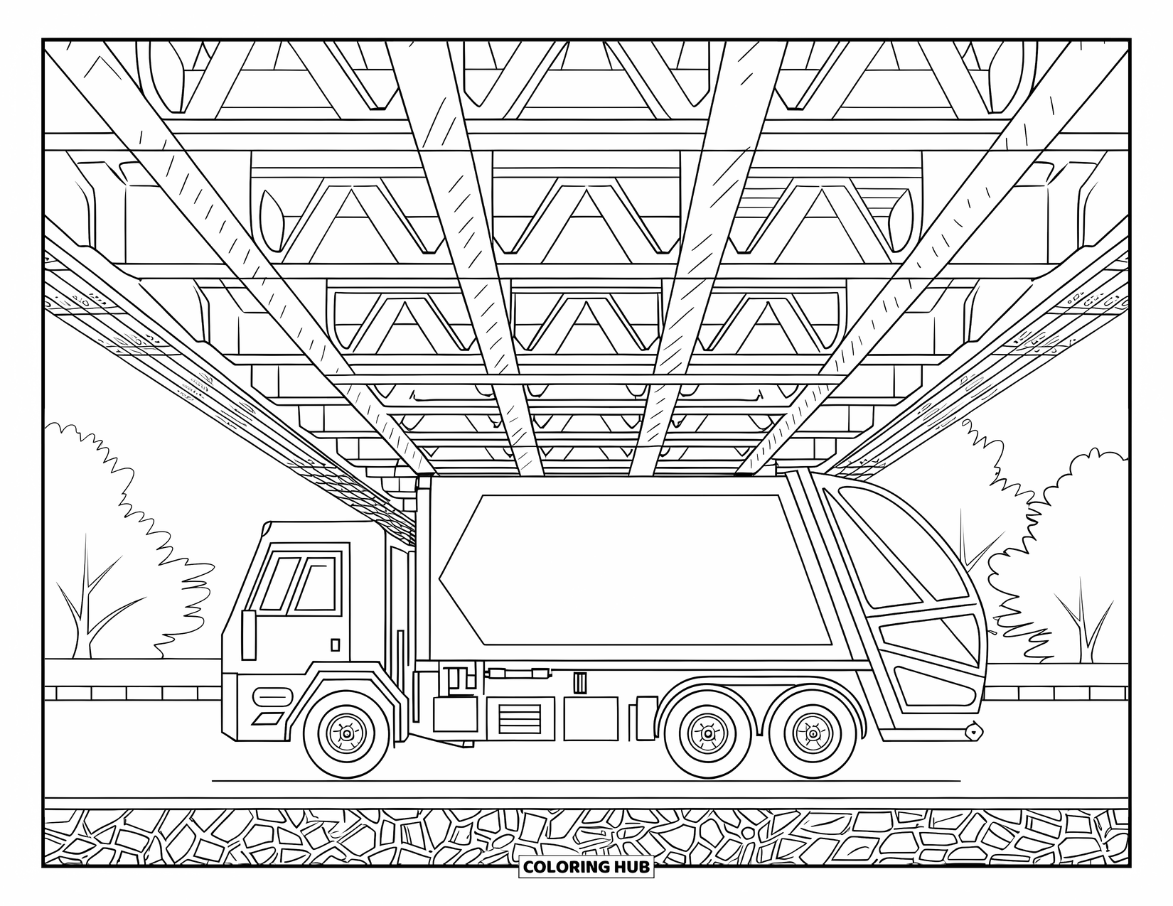Garbage Truck Coloring Page for Adults: A truck under a patterned bridge with beams, stone pavement, and nearby trees