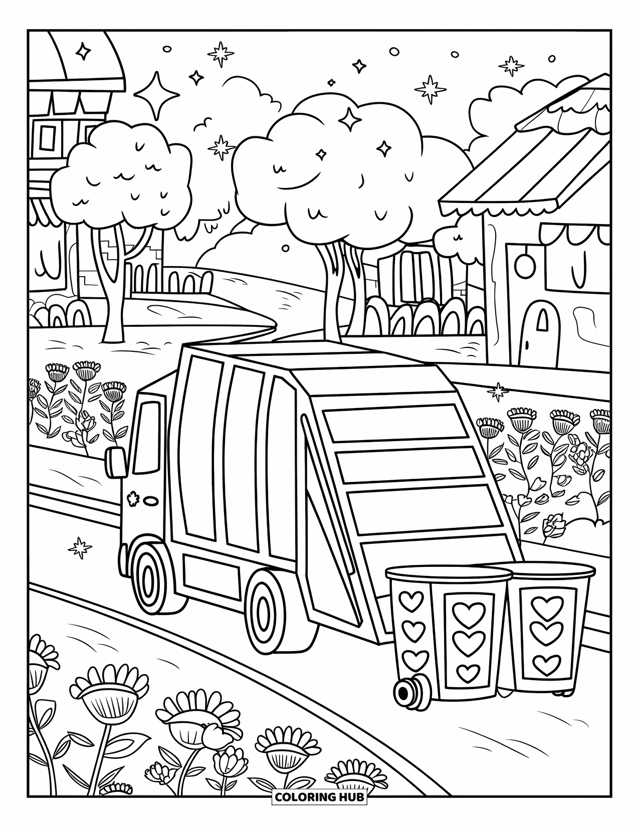 Garbage Truck Coloring Page for Adults: Heart-patterned bins and a cheerful truck on a village street with trees and blooms