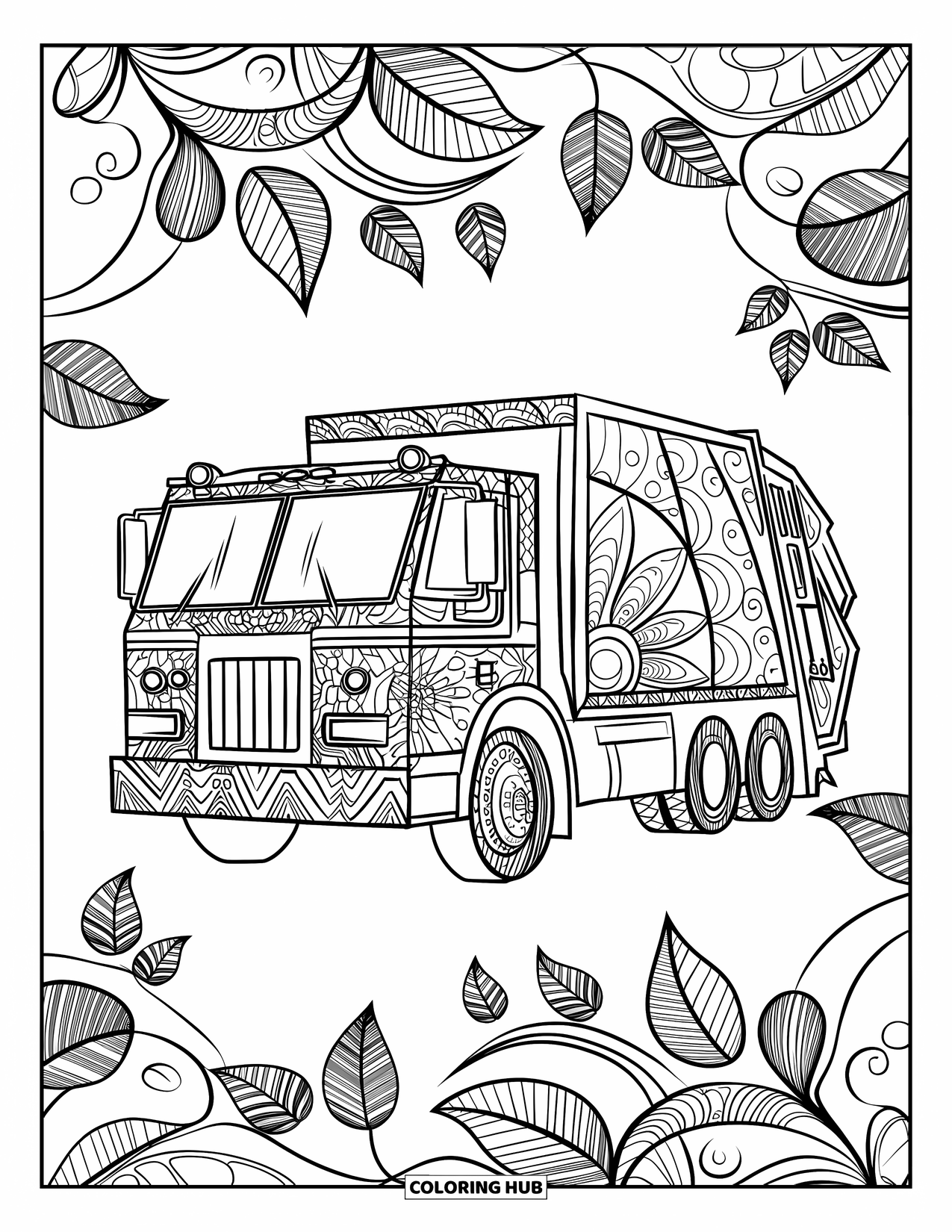 Garbage Truck Coloring Page for Adults: Intricate garbage truck surrounded by swirling mandala leaves and artistic patterns
