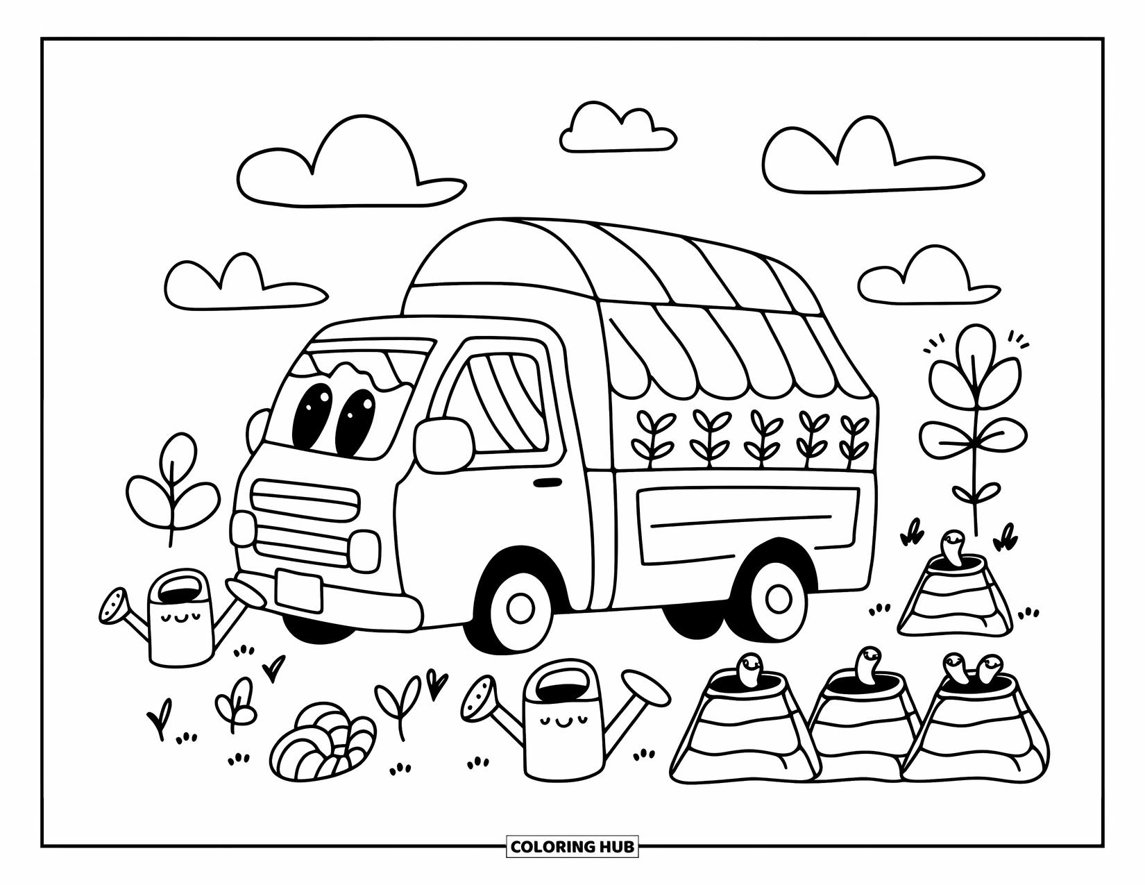 Garbage Truck Coloring Page for Adults: Kawaii truck beside a garden with worms, sprouts, and watering cans