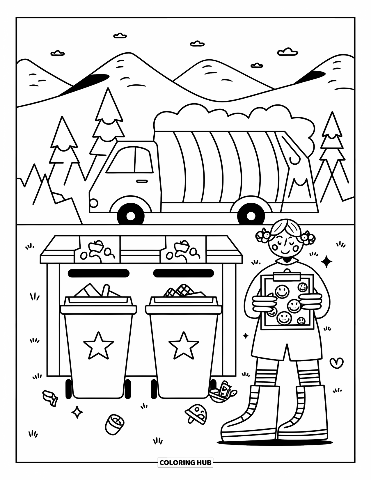Garbage Truck Coloring Page for Adults: Puffy truck visits a recycling station with star bins and a cheerful worker