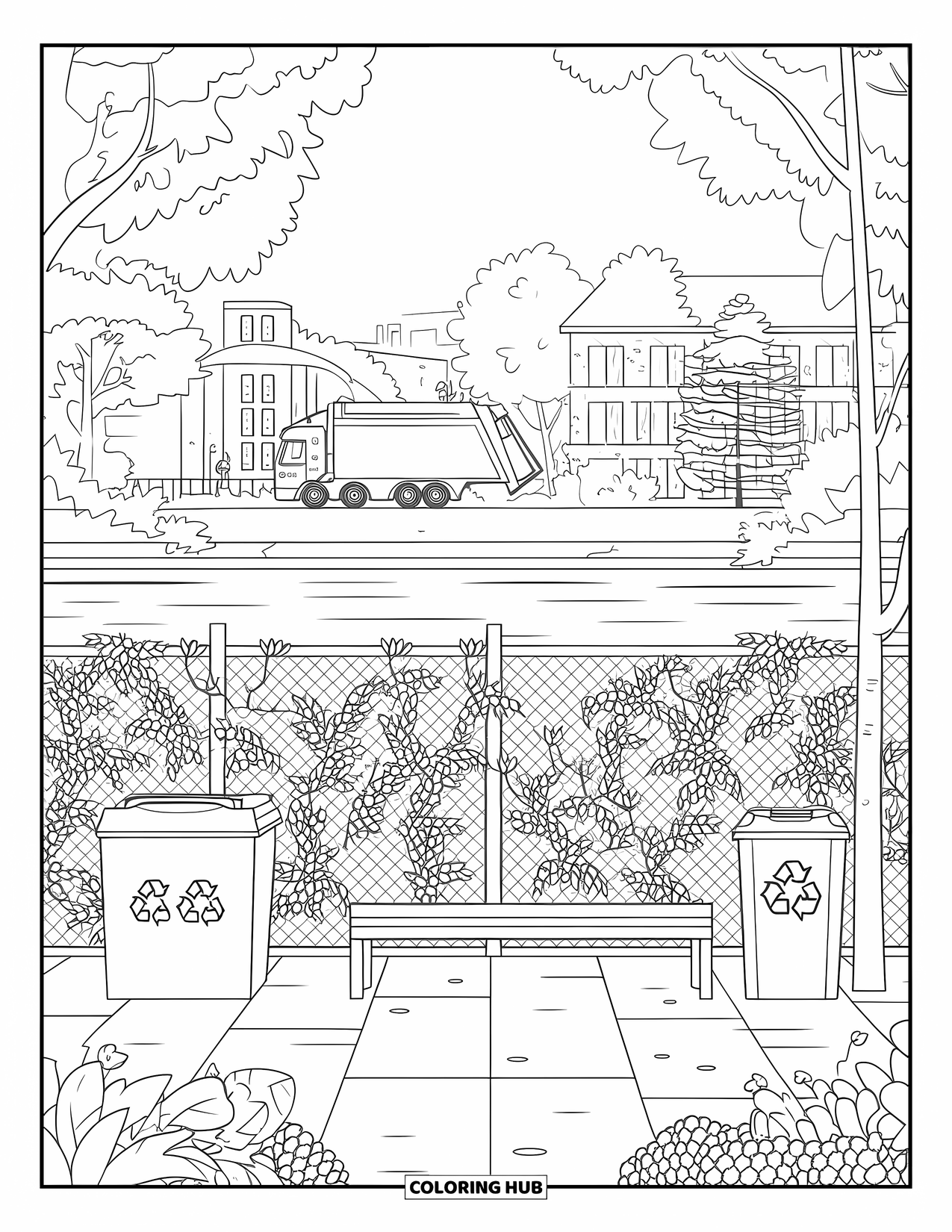 Garbage Truck Coloring Page for Adults: Recycling bins and a bench by the river with trees, buildings, and a distant garbage truck