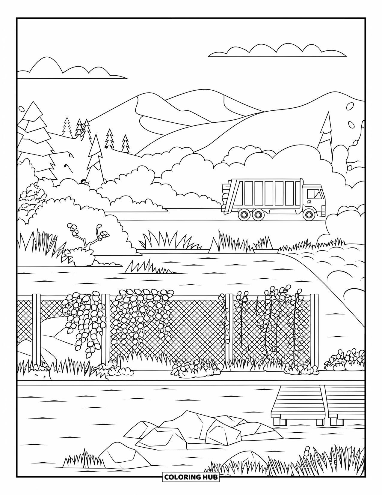 Garbage Truck Coloring Page for Adults: Riverside scene with a wooden platform, distant truck, and peaceful mountains in the background