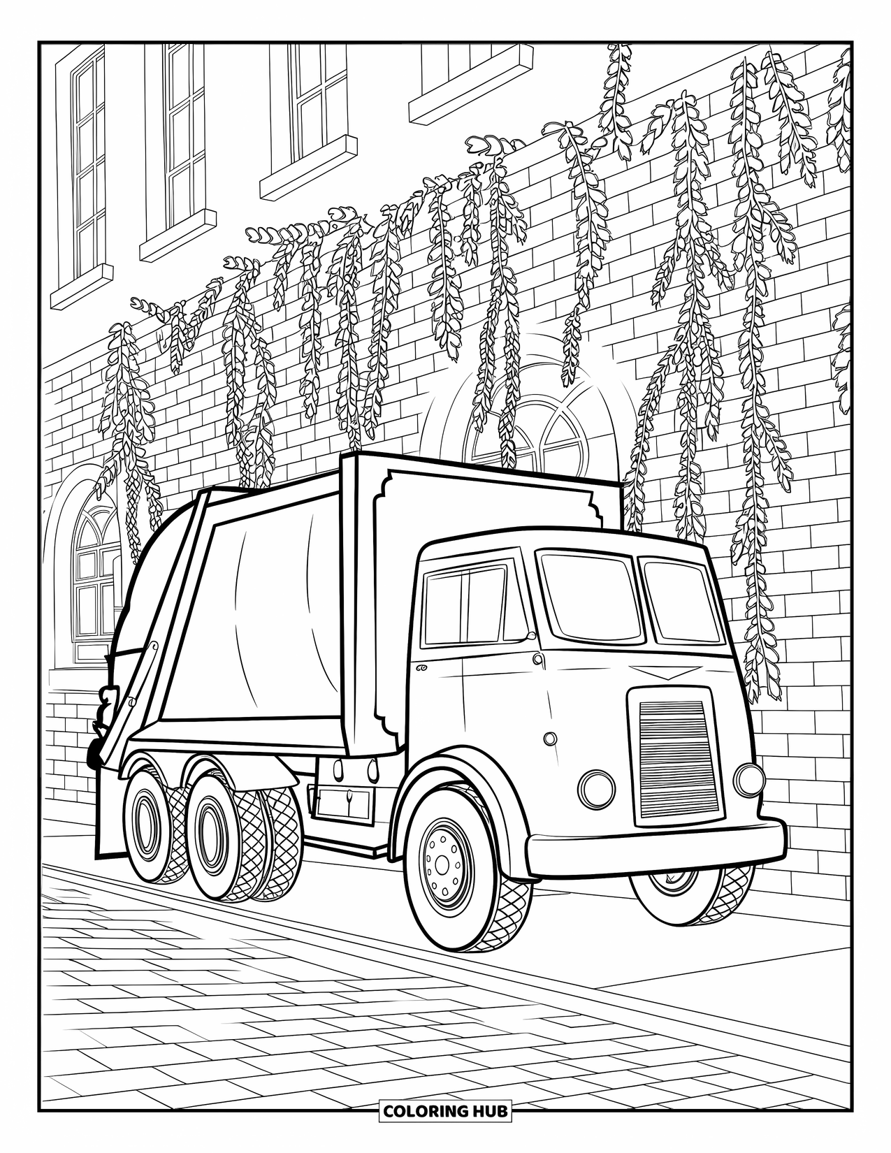 Garbage Truck Coloring Page for Adults: Rounded vintage truck near cobblestone alley with textured bricks and overgrown vines