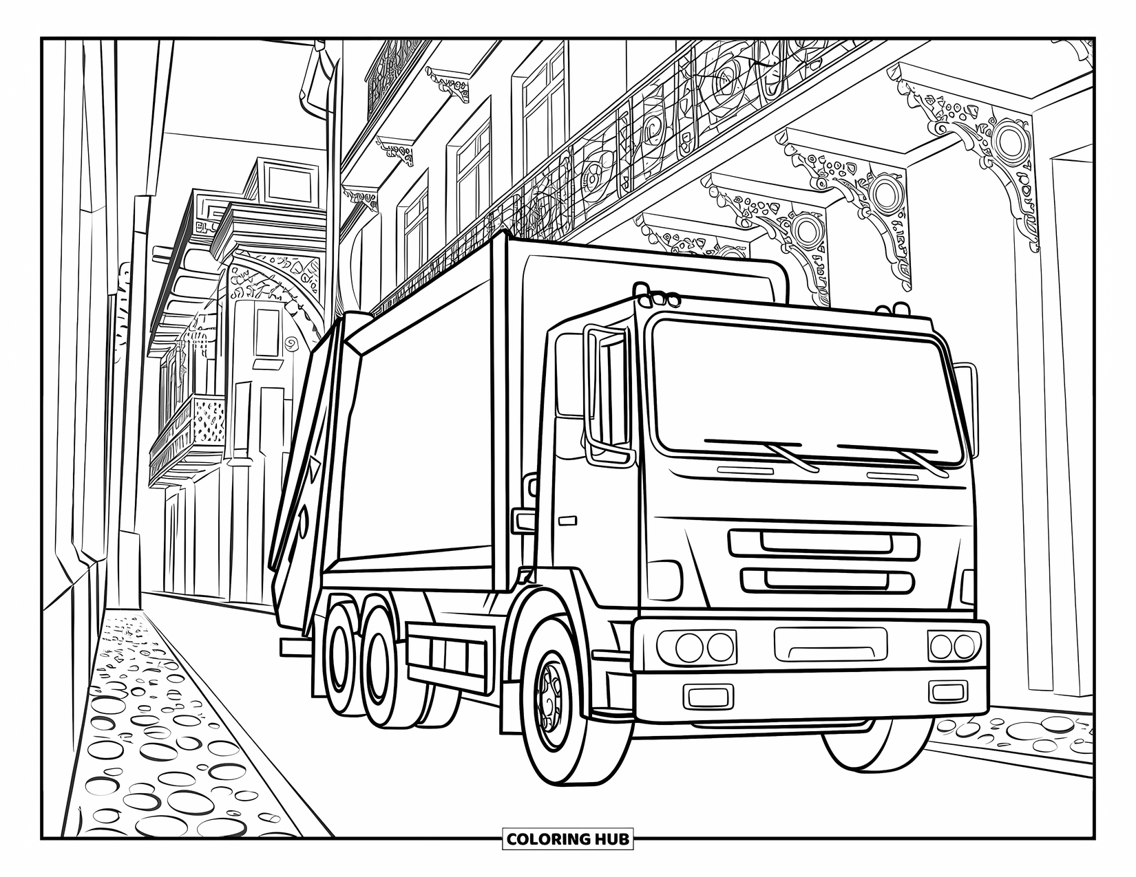 Garbage Truck Coloring Page for Adults: Truck moving through a cobblestone street with patterned buildings and iron balconies