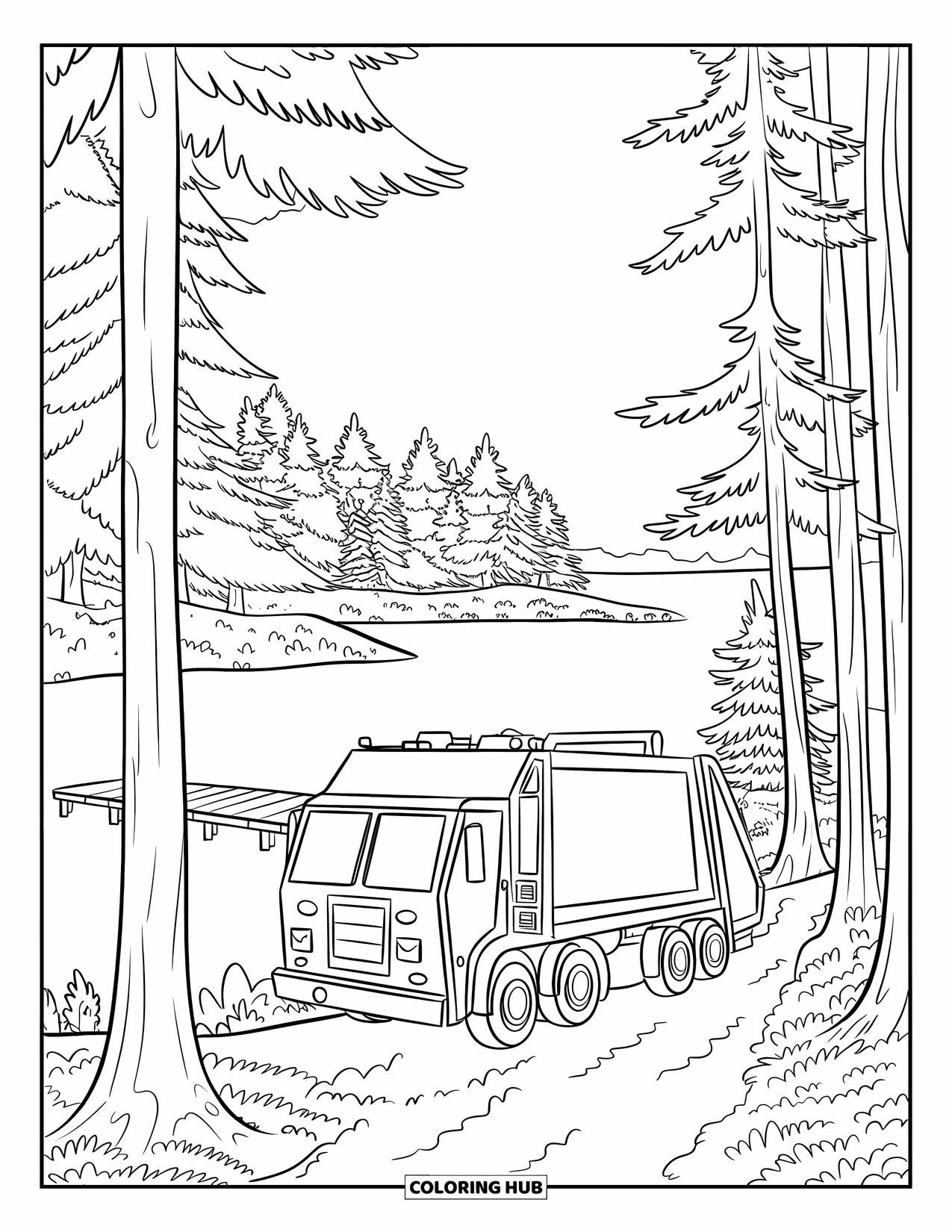 Garbage Truck Coloring Page for Adults: Truck parked by a forest trail near a lake and dock, surrounded by pine-covered ground