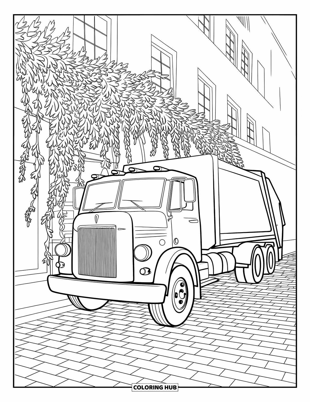 Garbage Truck Coloring Page for Adults: Vintage garbage truck by a vine-covered brick alley with nearby buildings