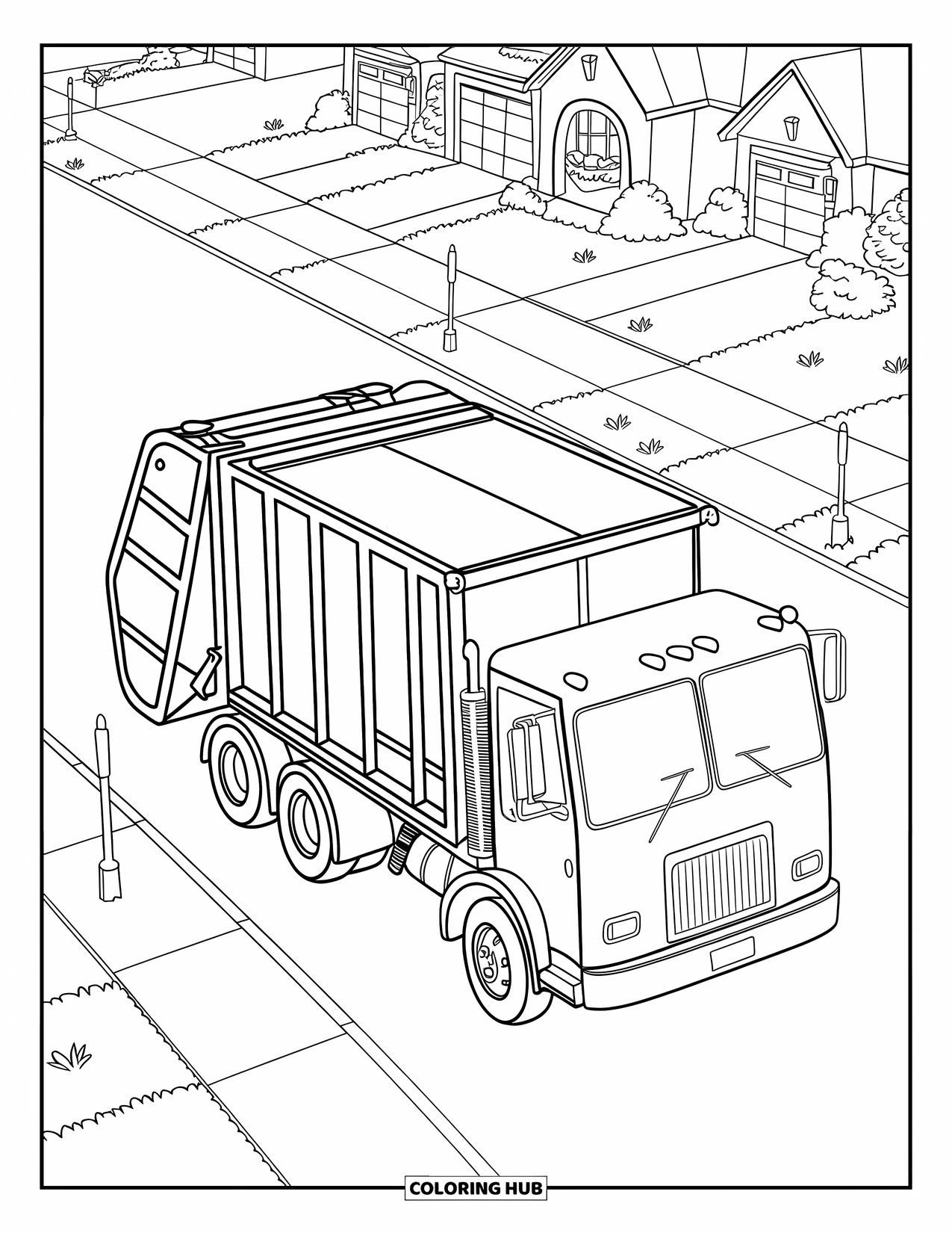 Garbage Truck Coloring Page for Kids: Bird's-eye scene of a garbage truck picking up bins in a tree-lined suburb