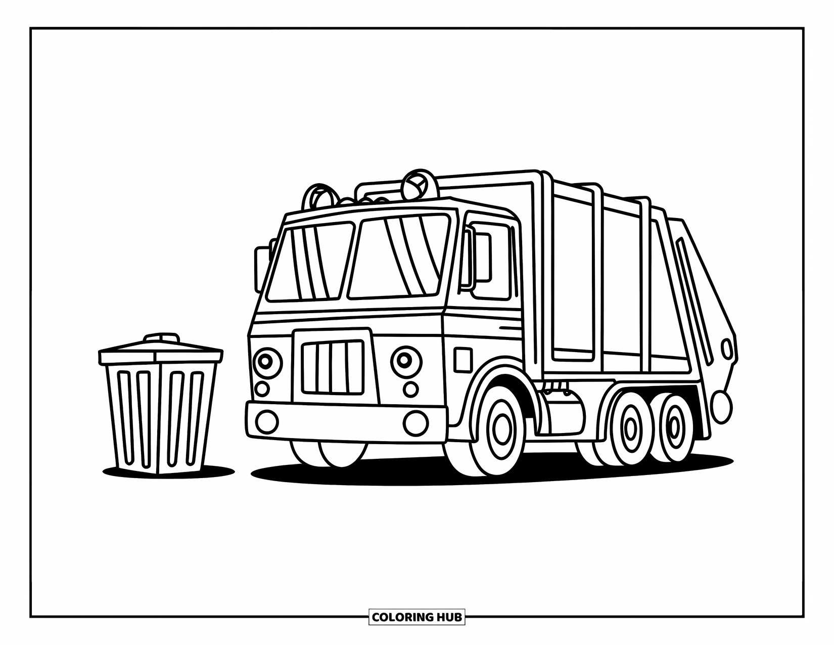 Garbage Truck Coloring Page for Kids: Cheerful truck sits beside a trash bin in a friendly roadside scene