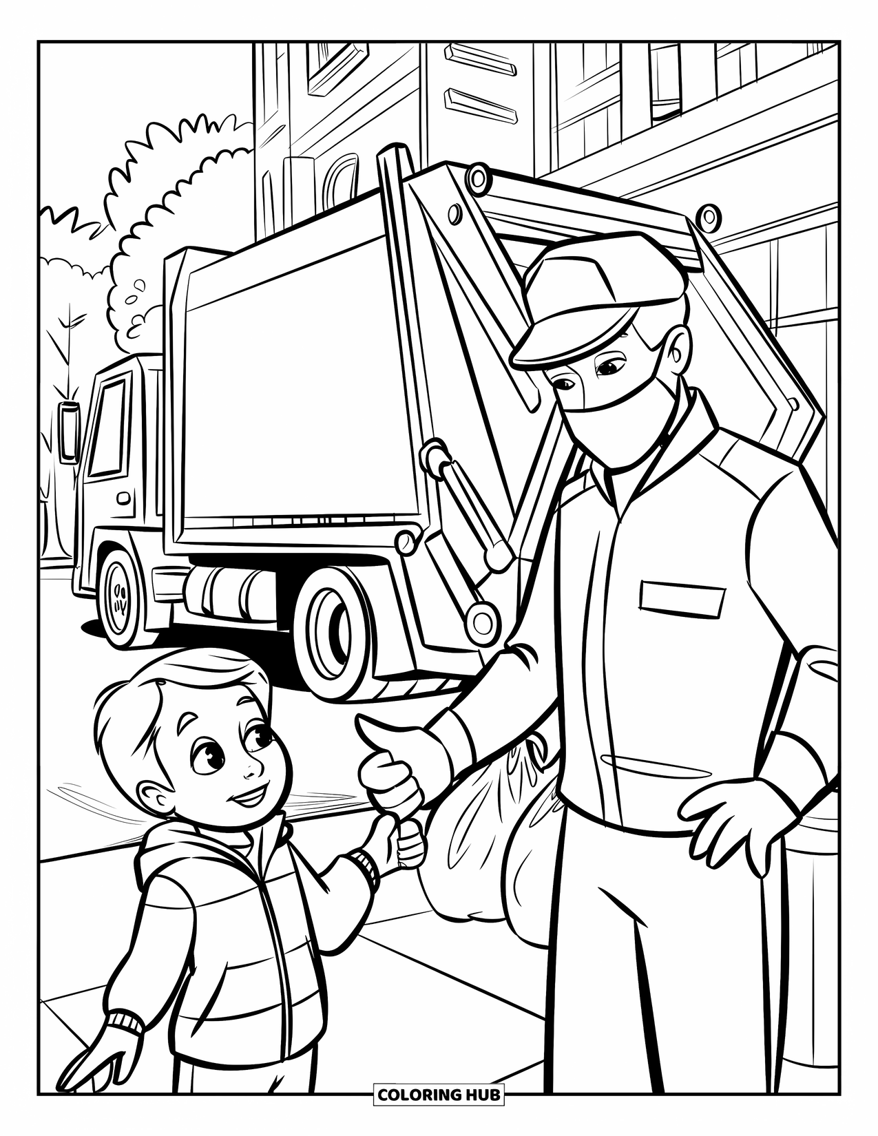 Garbage Truck Coloring Page for Kids: Child in gloves waves to a masked worker near bags and a parked truck
