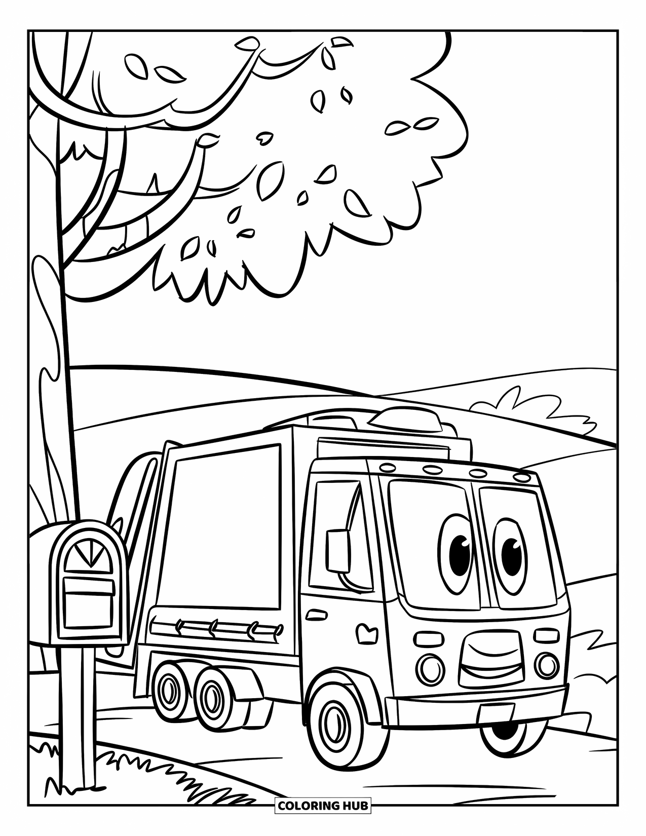 Garbage Truck Coloring Page for Kids: Compact truck with a hat parks near a tree and mailbox in a gentle landscape