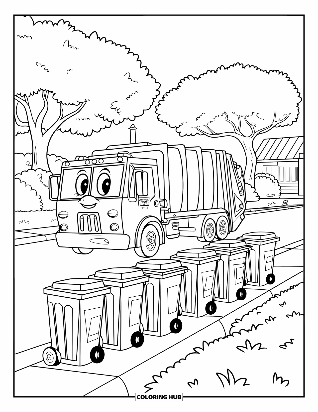 Garbage Truck Coloring Page for Kids: Cute-faced truck gathers bins with fun patterns near a house and trees