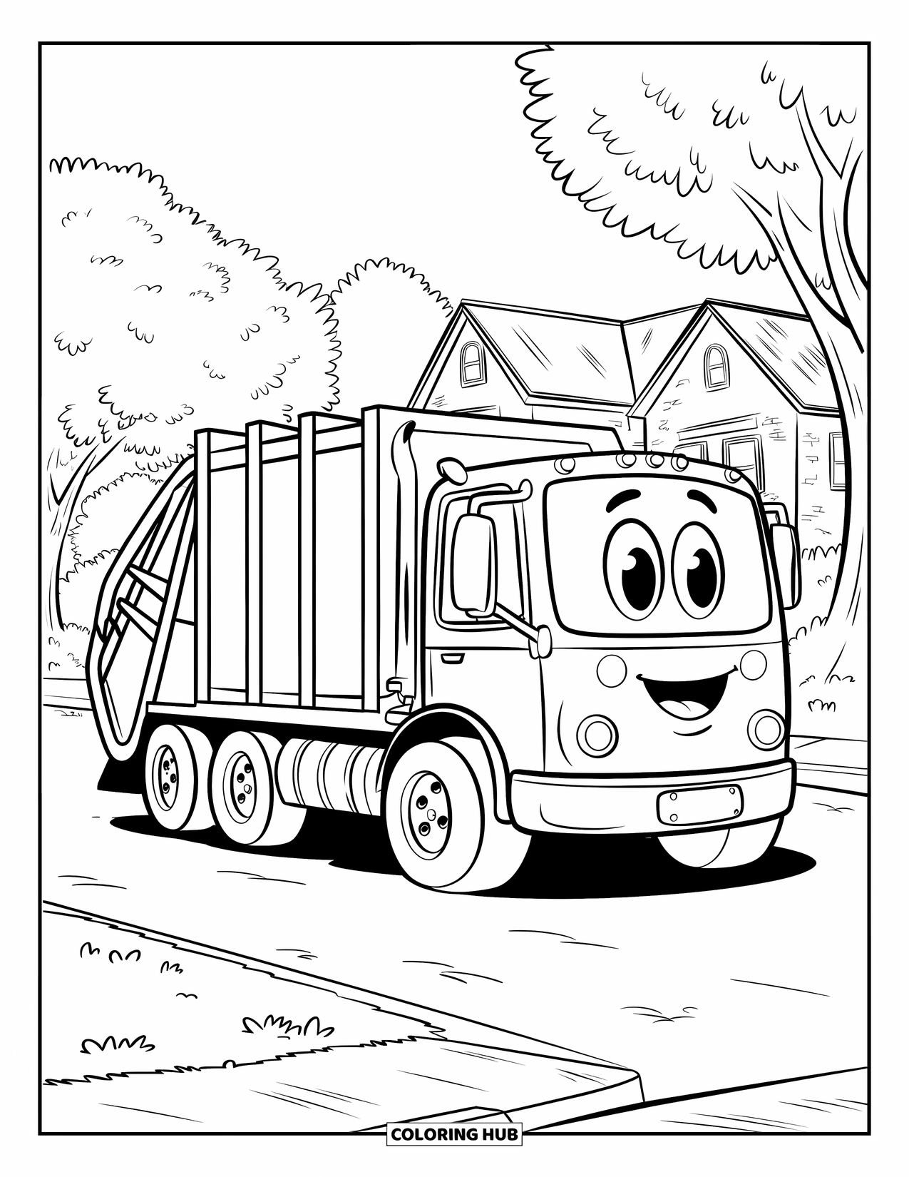 Garbage Truck Coloring Page for Kids: Friendly truck with big wheels is parked near trees and houses