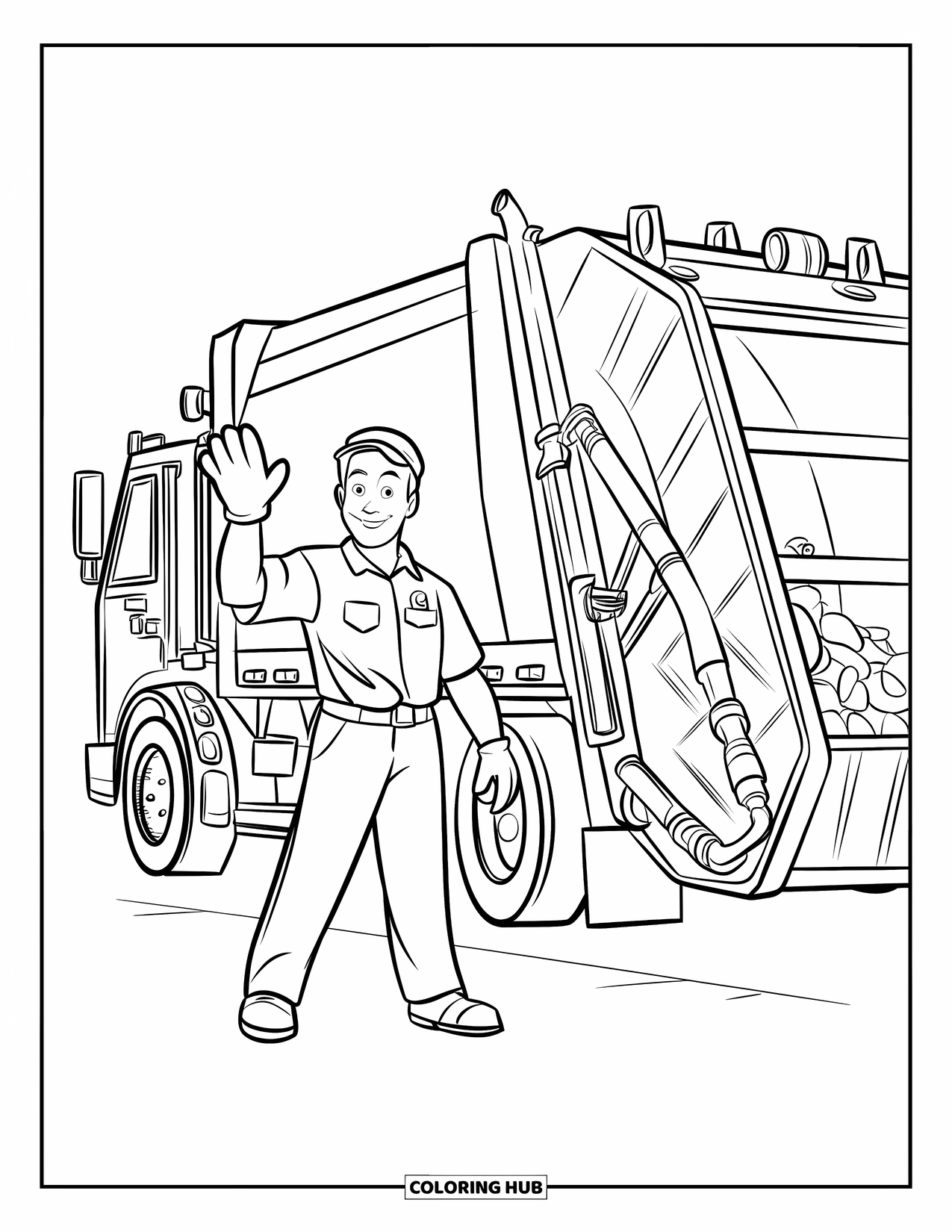 Garbage Truck Coloring Page for Kids: Friendly worker stands by a garbage truck with full bins and a bright smile