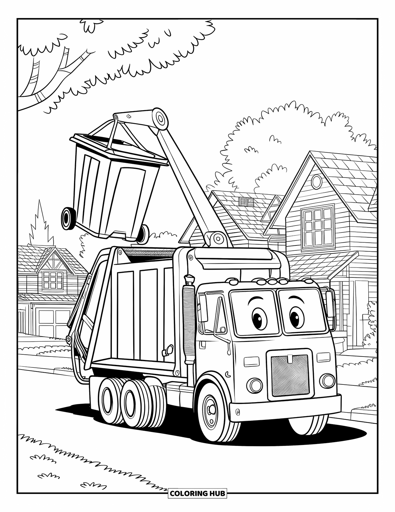 Garbage Truck Coloring Page for Kids: Garbage truck with a cheerful face lifts a bin near trees and houses