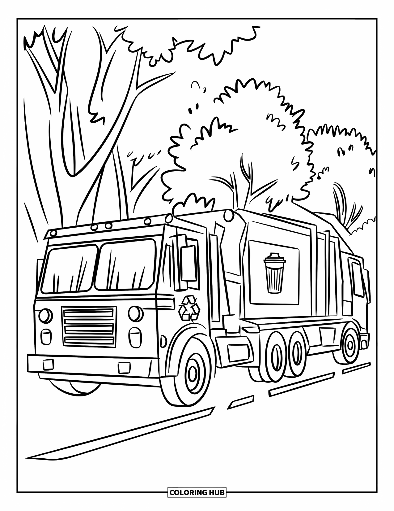 Garbage Truck Coloring Page for Kids: Recycling and garbage trucks parked on a road with trees and matching icons
