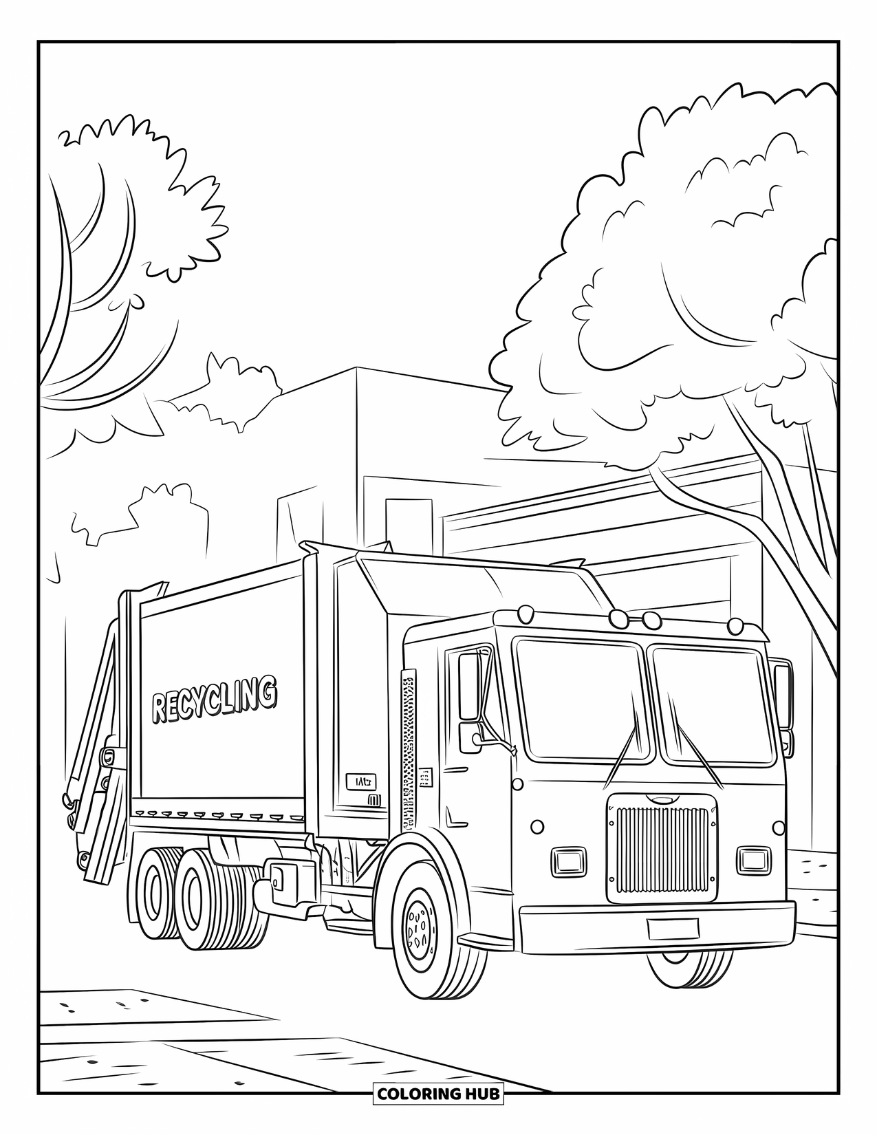Garbage Truck Coloring Page for Kids: Recycling and garbage trucks parked together near trees and a small building