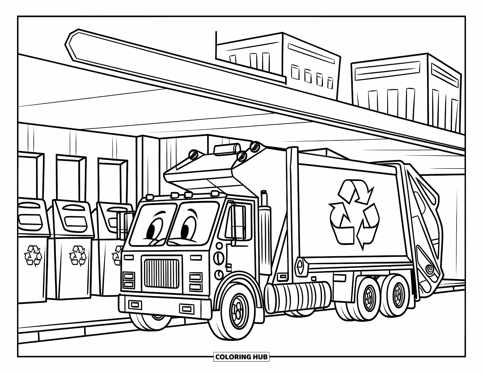 Garbage Truck Coloring Page for Kids: Smiling truck drops off bins at a recycling station with containers and buildings around