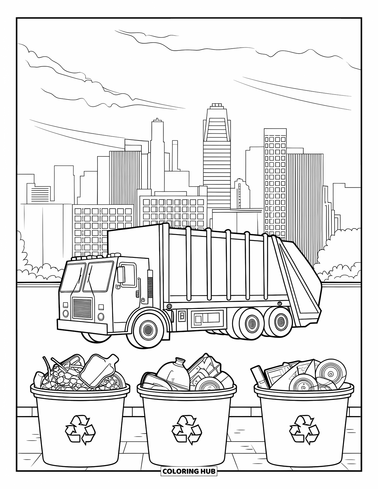 Garbage Truck Coloring Page for Kids: Truck parked near big sorting bins at a recycling center with a city skyline