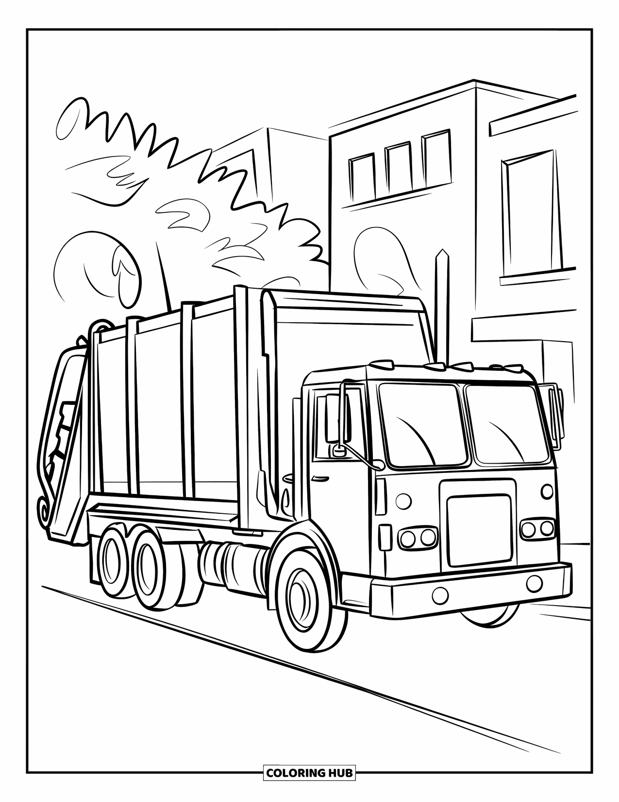 Garbage Truck Coloring Page for Kids: Truck with a bin on its back reverses near buildings and trees in a quiet area