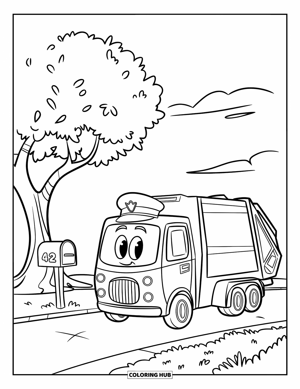 Garbage Truck Coloring Page for Kids: Truck with a driver's hat sits near a tree, a numbered mailbox, and a calm road