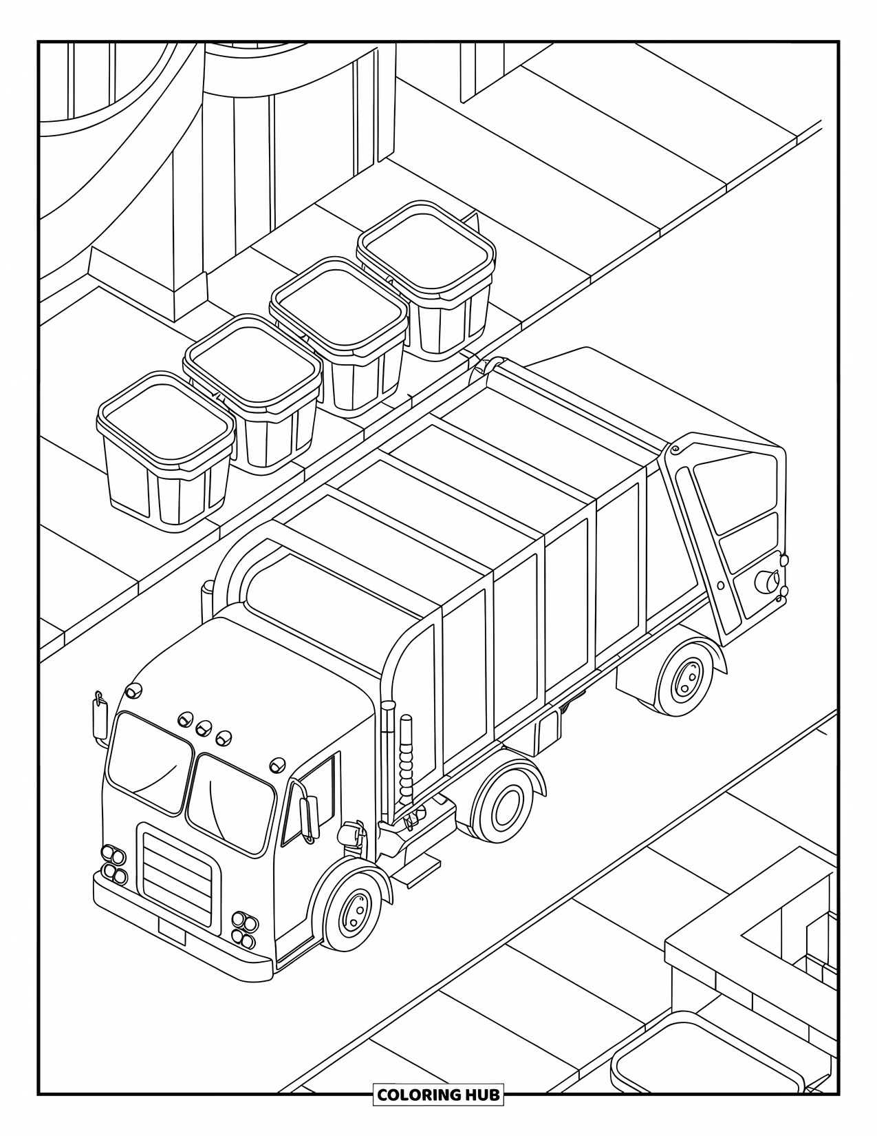 Garbage Truck Coloring Page for Kids: Truck with conveyor belt collects bins from a street lined with smooth-walled buildings