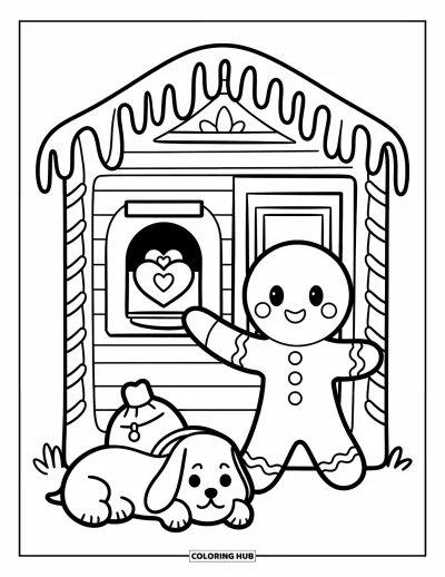 Coloriage de pain d'épices pour adultes : Un facteur joyeux en pain d'épices distribue des lettres d'amour pendant qu'un petit chien se repose paisiblement