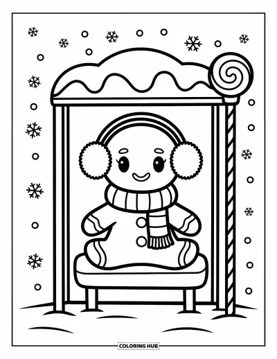 Coloriage de pain d'épices pour adultes : Un arrêt de bus en bonbons sous la neige avec des flocons, un banc en guimauve et un lampadaire en sucette brillant