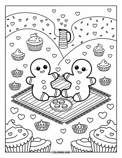 Coloriage de pain d'épices pour adultes : Un pique-nique de biscuits douillet avec des cupcakes, des tartelettes et un thermos dont la vapeur forme des cœurs