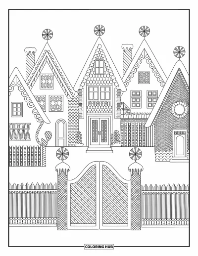 Coloriage de pain d'épices pour adultes : Un charmant village en pain d'épices avec des toits détaillés, des lampadaires tourbillonnants et des portails givrés