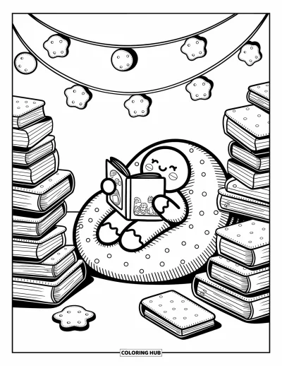 Coloriage de pain d'épices pour adultes : Un personnage rigolard lit des bandes dessinées sur un pouf en crème chantilly dans un coin plein de sucreries