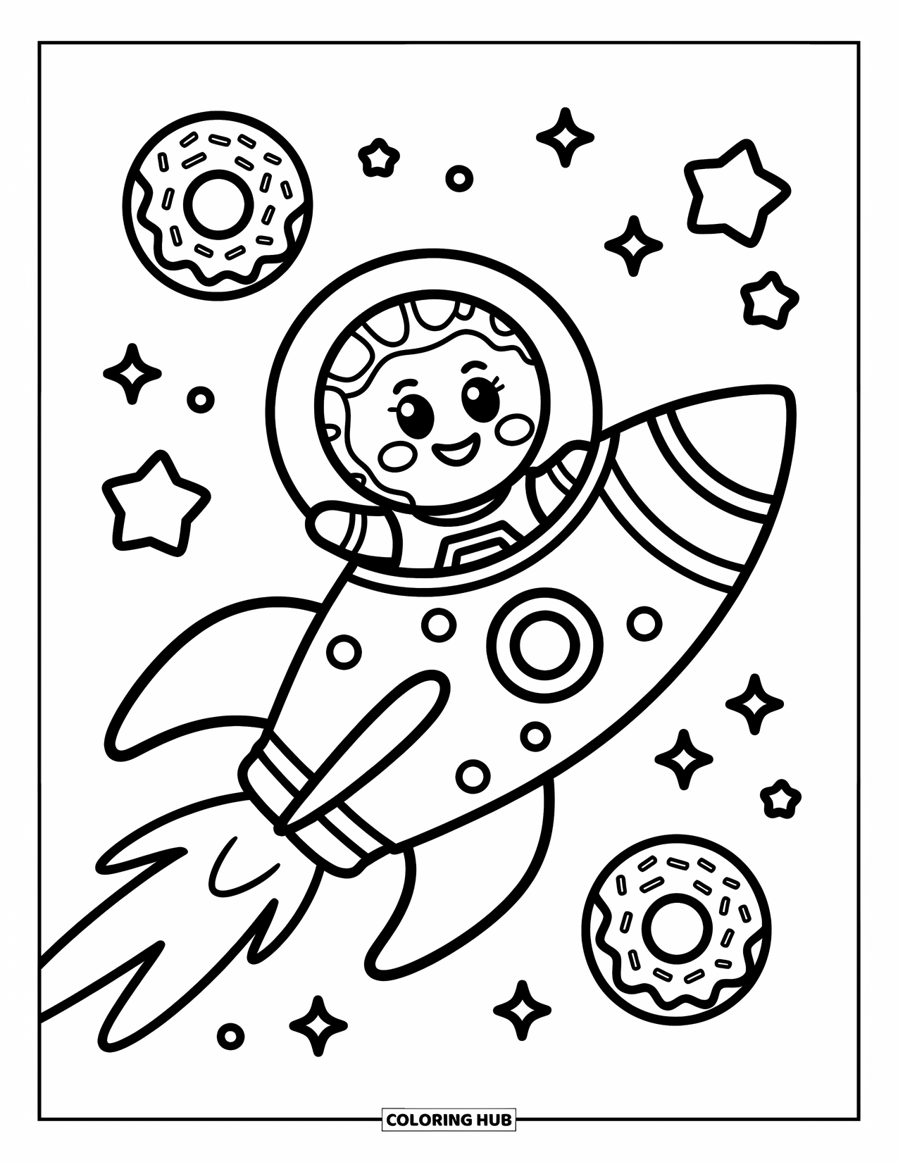 Gingerbread Coloring Page for Adults: A gingerbread astronaut floats in space surrounded by candy stars and donut-shaped planets