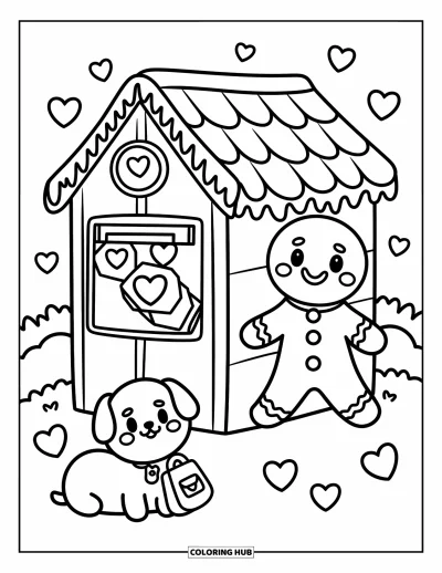 Coloriage de pain d'épices pour adultes : Un facteur en pain d'épices et un petit chien chibi partagent un moment paisible dans leur village givré