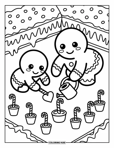 Coloriage de pain d'épices pour adultes : Deux personnages en pain d'épices plantent ensemble des cannes en sucre d'orge avec soin et tendresse
