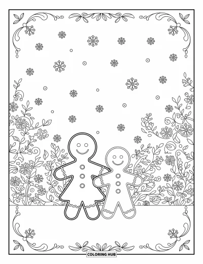 Coloriage de pain d'épices pour adultes : Un adorable duo en pain d'épices encadré de volutes élégantes et de détails inspirés des fêtes