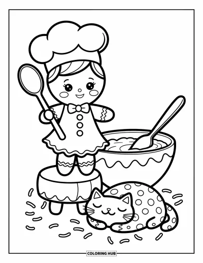 Coloriage de pain d'épices pour adultes : Un petit pâtissier prépare du glaçage à côté d'un chat tranquille et de jolis confettis sucrés