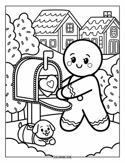 Coloriage de pain d'épices pour adultes : Un facteur adorable distribue des lettres en forme de cœur pendant qu'un petit chien fait une sieste près de la boîte aux lettres