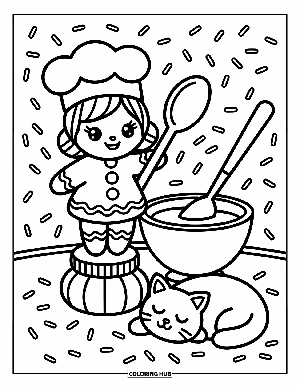 Gingerbread Coloring Page for Adults: A tiny chef gingerbread girl stirs frosting beside a sleepy cookie cat and scattered sprinkles