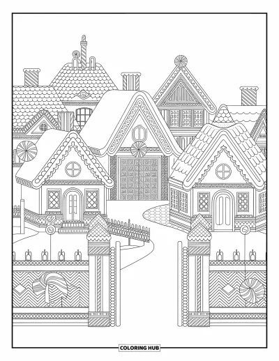 Coloriage de pain d'épices pour adultes : De charmantes maisons en pain d'épices avec des guirlandes lumineuses en bonbon et de fantaisistes détails en glaçage sur chaque portail