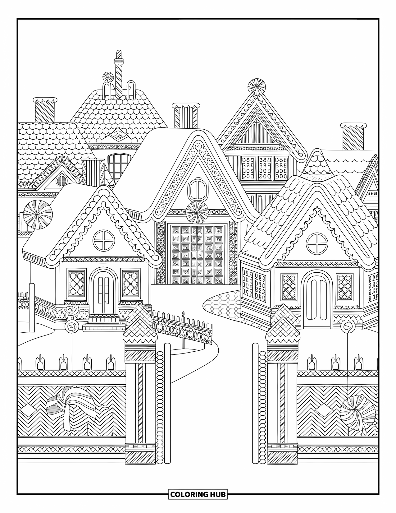 Gingerbread Coloring Page for Adults: Charming gingerbread houses with candy lights and whimsical frosting details on every gate