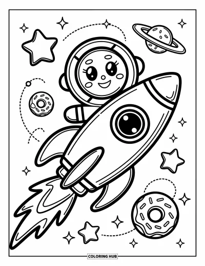 Coloriage de pain d'épices pour adultes : Une fusée en forme de biscuit transporte un astronaute souriant en pain d'épices dans un espace magique plein de bonbons
