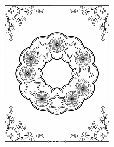 Coloriage de pain d'épices pour adultes : Couronne de biscuits ornée de volutes en glaçage et d'étoiles dans un design élégant et gracieux