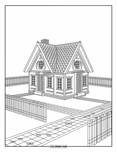 Coloriage de pain d'épices pour adultes : Une maison en pain d'épices accueillante entourée de chemins en bonbons et de décors tourbillonnants