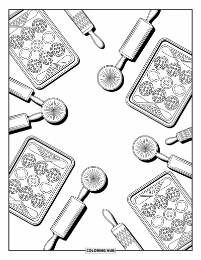 Coloriage de pain d'épices pour adultes : Une table de pâtisserie festive remplie de moules à biscuits, de rouleaux à pâtisserie et de détails de cuisine chaleureux