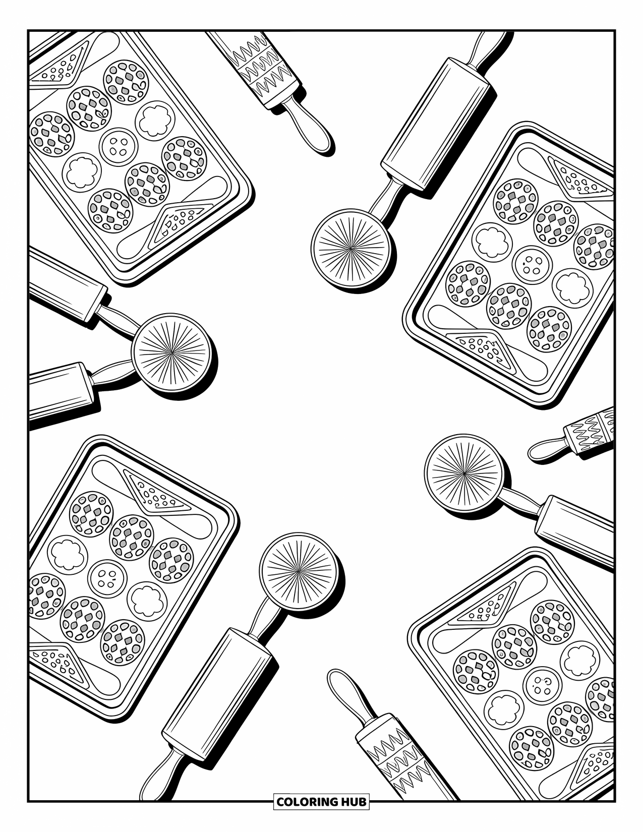 Gingerbread Coloring Page for Adults: Festive baking table filled with cookie molds, rolling pins, and cozy kitchen details