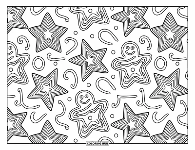 Coloriage de pain d'épices pour adultes : Des sucreries festives et des formes en pain d'épices s'entremêlent dans un élégant motif répété de Noël