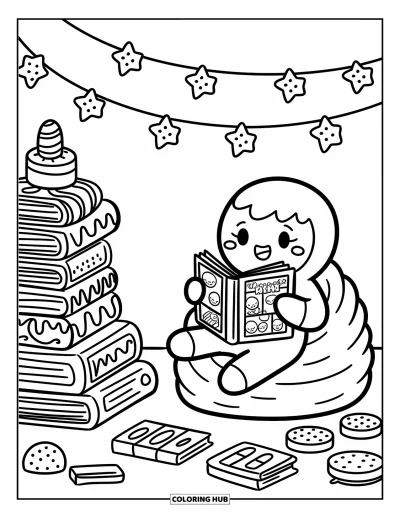 Coloriage de pain d'épices pour adultes : Un personnage se prélasse en riant dans un coin chaleureux illuminé par des guirlandes en forme de biscuits