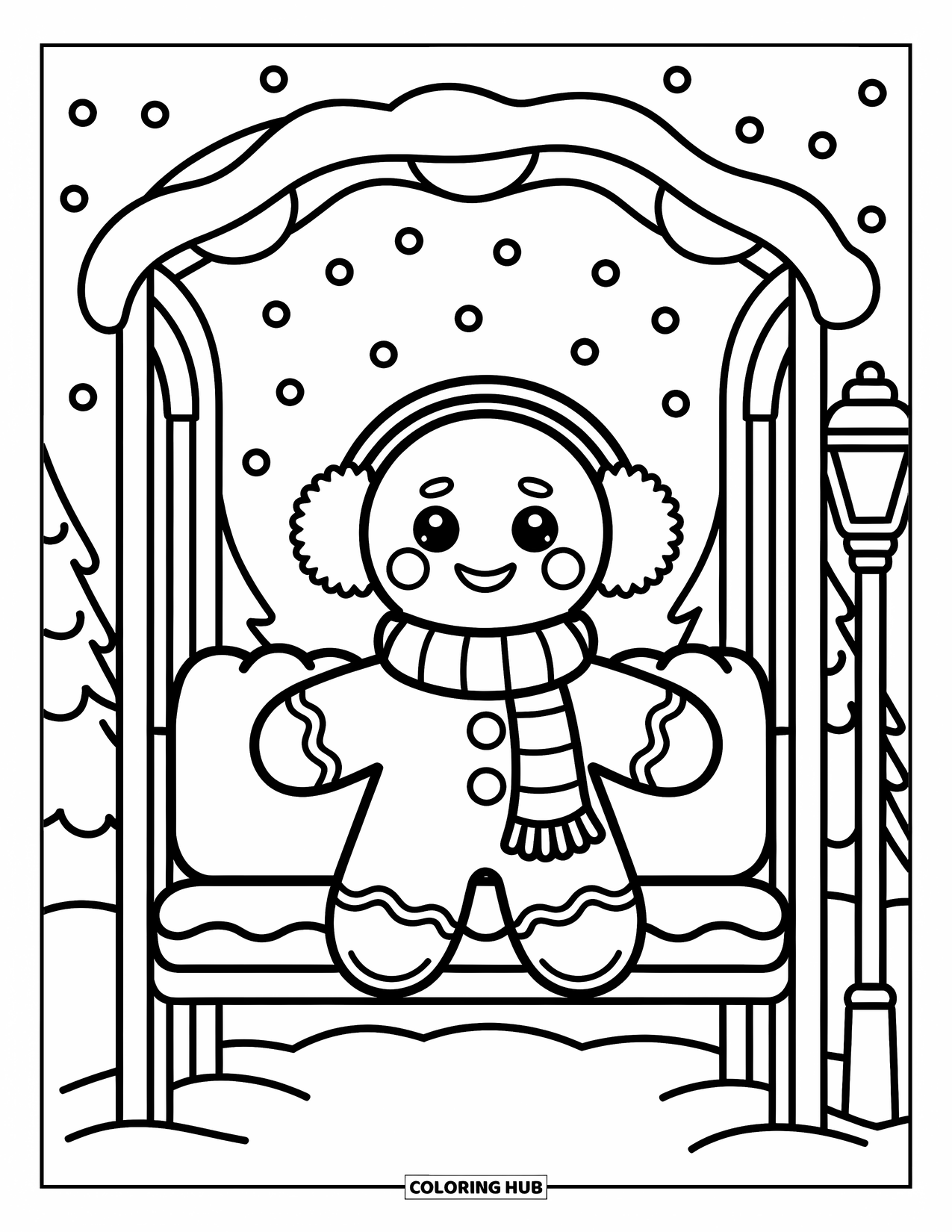 Gingerbread Coloring Page for Adults: Gingerbread character snuggles at a candy stop, lit by a lollipop lamp in falling snow