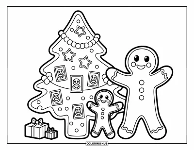 Coloriage de pain d'épices pour adultes : Une famille en pain d'épices réunie dans une pièce chaleureuse pour décorer un sapin de biscuits ensemble