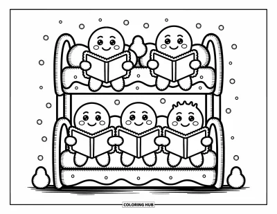 Coloriage de pain d'épices pour adultes : Une famille en pain d'épices blottie dans un lit en biscuit, lisant ensemble sous des guirlandes de pastilles